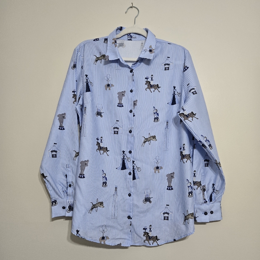 Van Laack Women’s Long Sleeve Button-Down Shirt Blue Stripe Circus Print L/XL